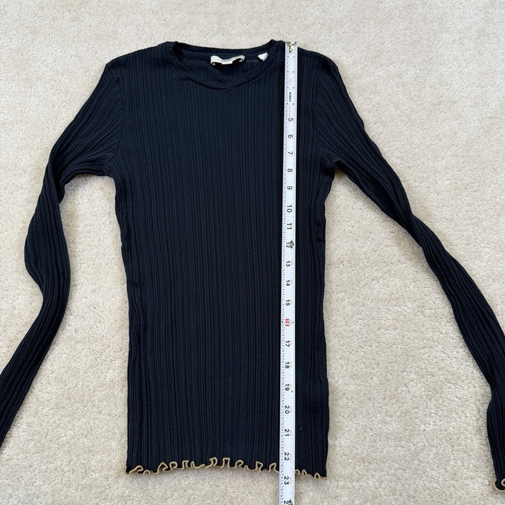 Vince Merrow Stitch Rib Crew Neck Top Womens M Coastal Blue Contrast Lettuce Hem - Picture 3 of 8